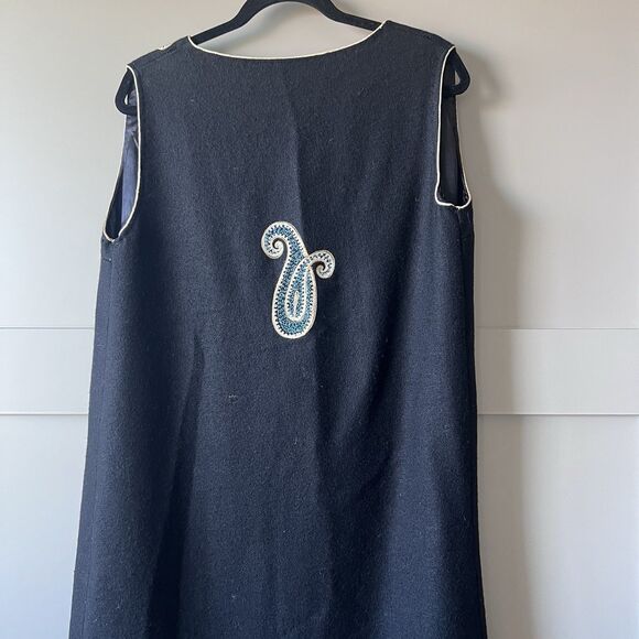 VTG Wool Long Black Coat Vest Jacket Women Small/Med Embroidered Paisley Floral - Picture 6 of 13